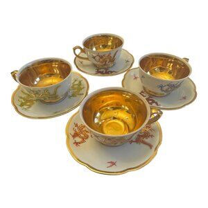VNTG  Japanese Dragon Teacup Set 4Pc Gold Gilded Porcelain Collectible Decor